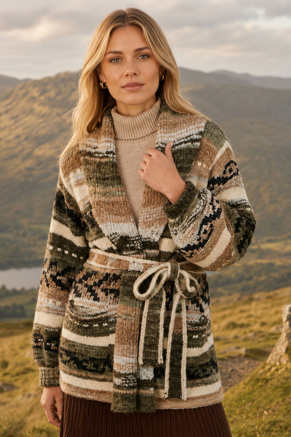 Yumi Women's Green Fairisle-Inspired Soft Knit Open-Front Longline Cardigan