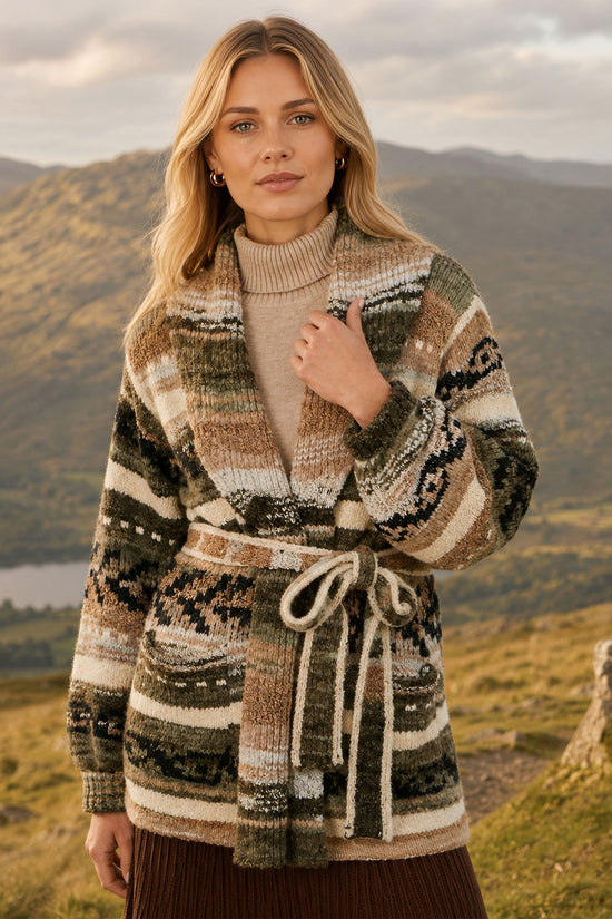 Yumi Women's Green Fairisle-Inspired Soft Knit Open-Front Longline Cardigan
