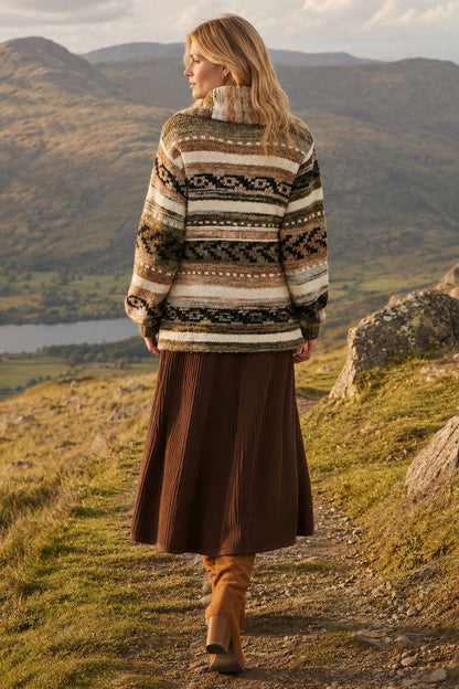 Yumi Women's Green Fairisle-Inspired Soft Knit Open-Front Longline Cardigan