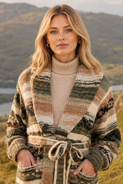 Yumi Women's Green Fairisle-Inspired Soft Knit Open-Front Longline Cardigan
