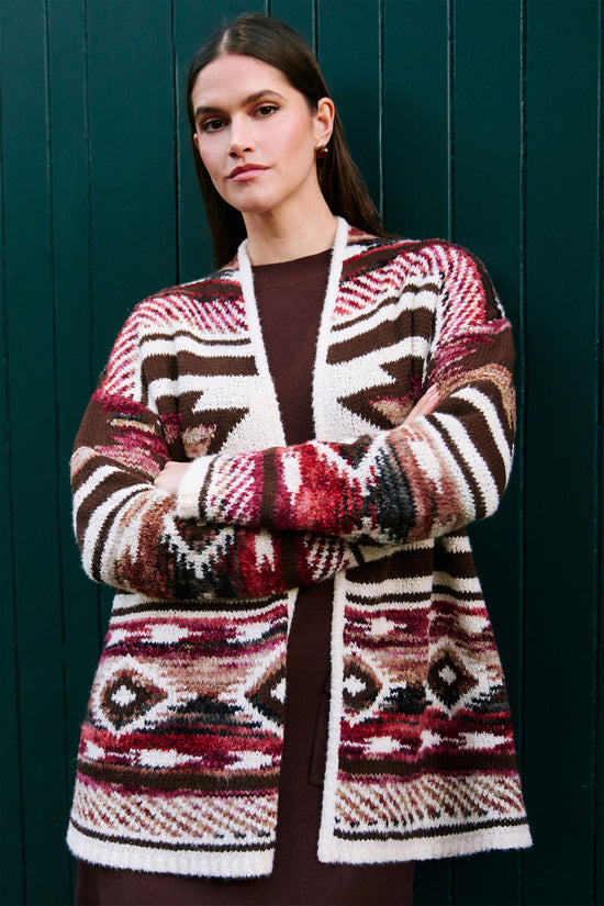 Yumi Women's Multicolour Geometric Boucle Open-Front Relaxed Fit Cardigan