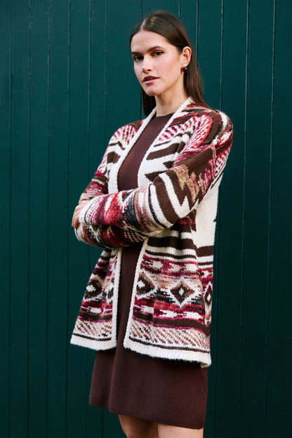 Yumi Women's Multicolour Geometric Boucle Open-Front Relaxed Fit Cardigan