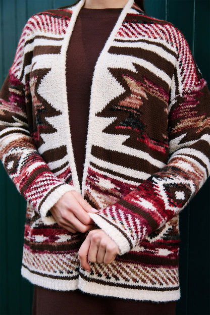 Yumi Women's Multicolour Geometric Boucle Open-Front Relaxed Fit Cardigan