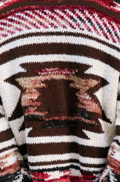 Yumi Women's Multicolour Geometric Boucle Open-Front Relaxed Fit Cardigan