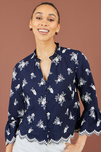Yumi Women's Navy Floral Broderie Cotton Blouse with Fluted Sleeves Sizes 8–18