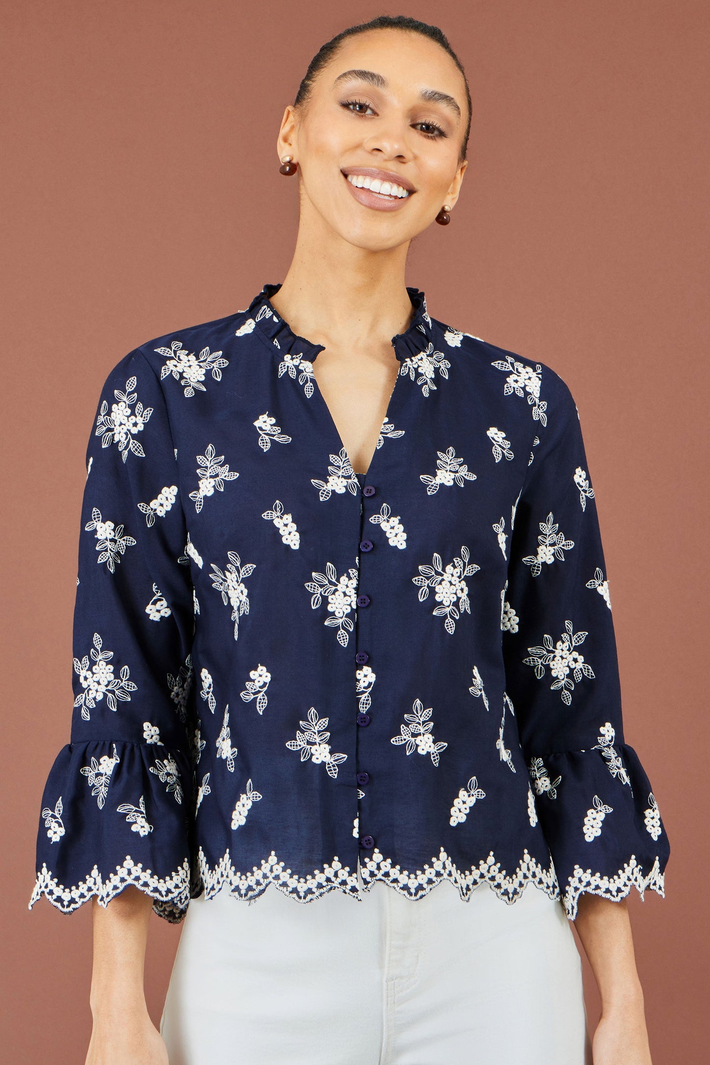 Yumi Women's Navy Floral Broderie Cotton Blouse with Fluted Sleeves Sizes 8–18