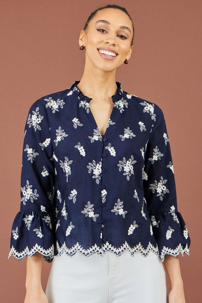 Yumi Women's Navy Floral Broderie Cotton Blouse with Fluted Sleeves Sizes 8–18