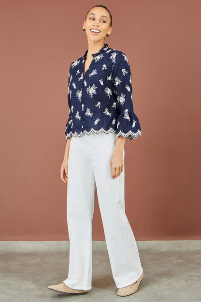 Yumi Women's Navy Floral Broderie Cotton Blouse with Fluted Sleeves Sizes 8–18