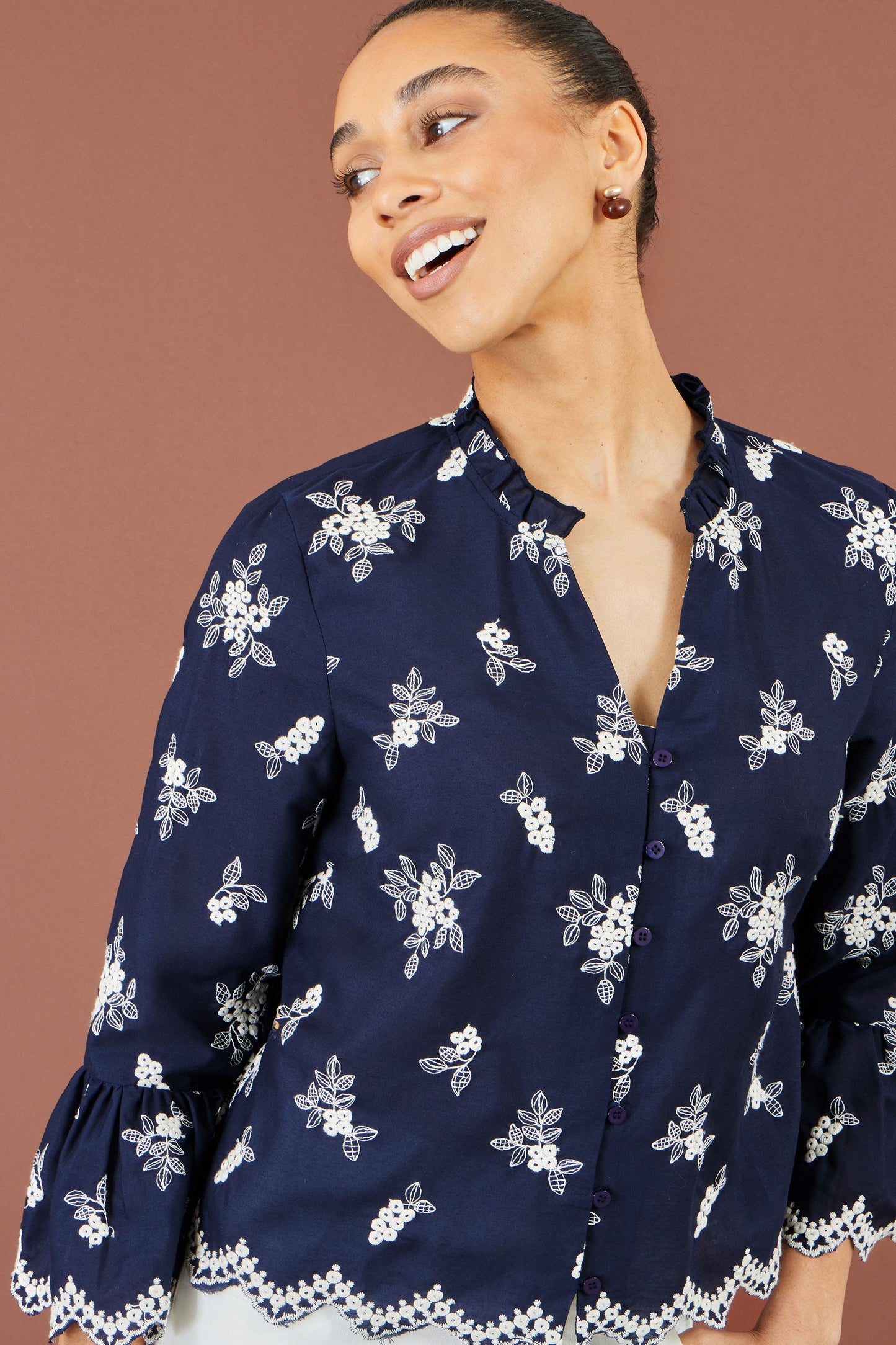 Yumi Women's Navy Floral Broderie Cotton Blouse with Fluted Sleeves Sizes 8–18
