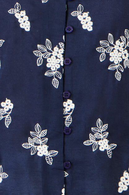 Yumi Women's Navy Floral Broderie Cotton Blouse with Fluted Sleeves Sizes 8–18