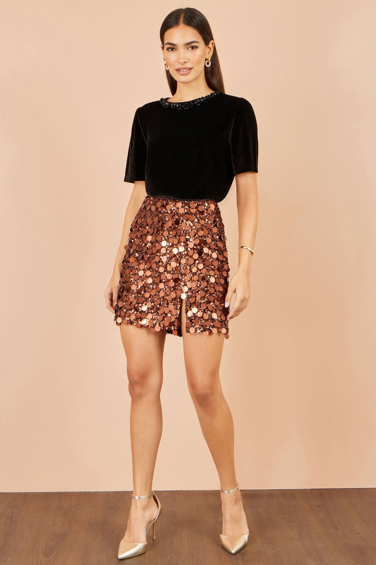 Yumi Women’s Copper Oversized Sequin High Waist Mini Skirt with Front Split