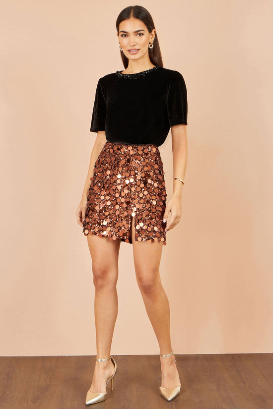 Yumi Women’s Copper Oversized Sequin High Waist Mini Skirt with Front Split