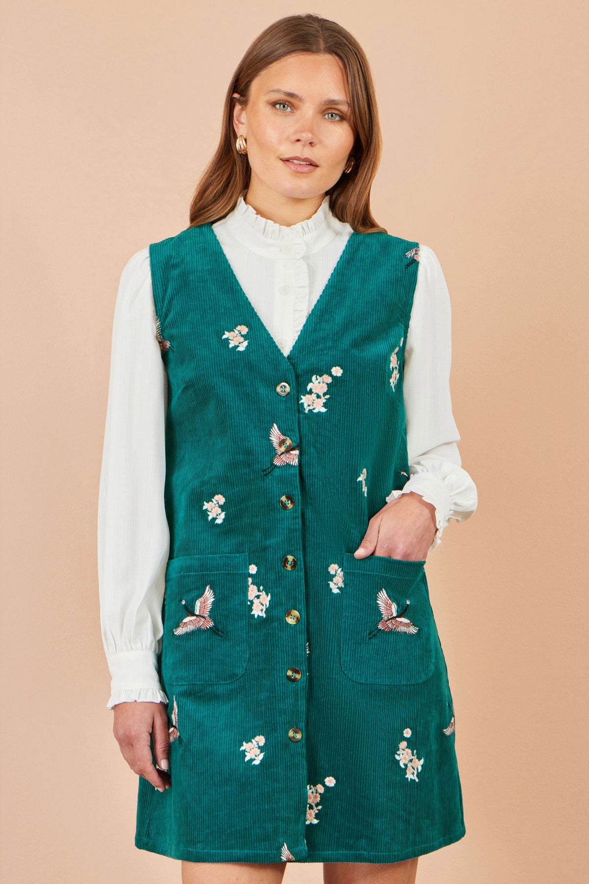 Yumi Women’s Teal Corduroy Pinafore Dress with Crane and Floral Embroidery