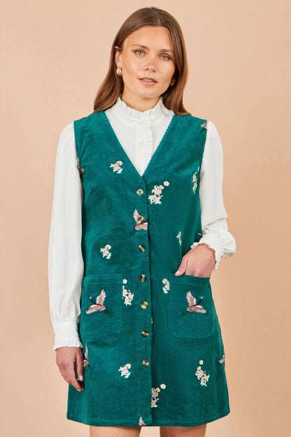 Yumi Women’s Teal Corduroy Pinafore Dress with Crane and Floral Embroidery