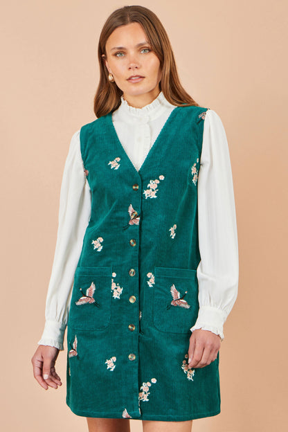 Yumi Women’s Teal Corduroy Pinafore Dress with Crane and Floral Embroidery