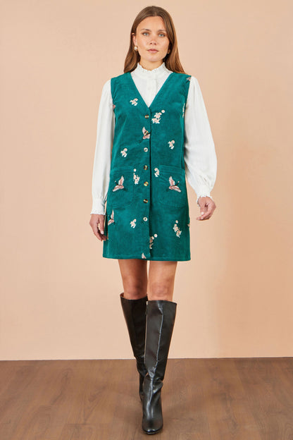 Yumi Women’s Teal Corduroy Pinafore Dress with Crane and Floral Embroidery
