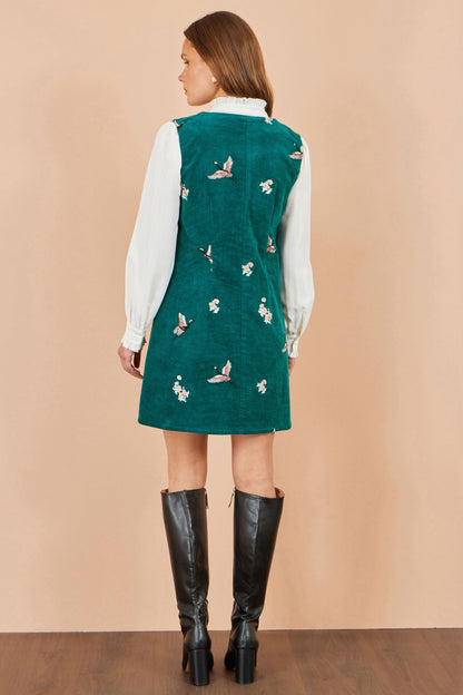 Yumi Women’s Teal Corduroy Pinafore Dress with Crane and Floral Embroidery