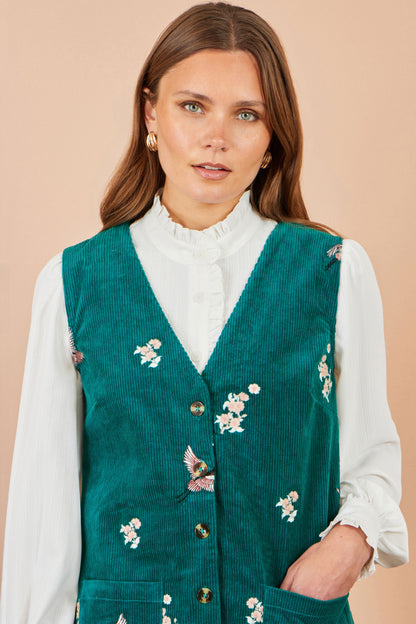 Yumi Women’s Teal Corduroy Pinafore Dress with Crane and Floral Embroidery