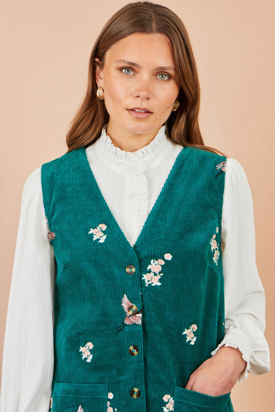 Yumi Women’s Teal Corduroy Pinafore Dress with Crane and Floral Embroidery
