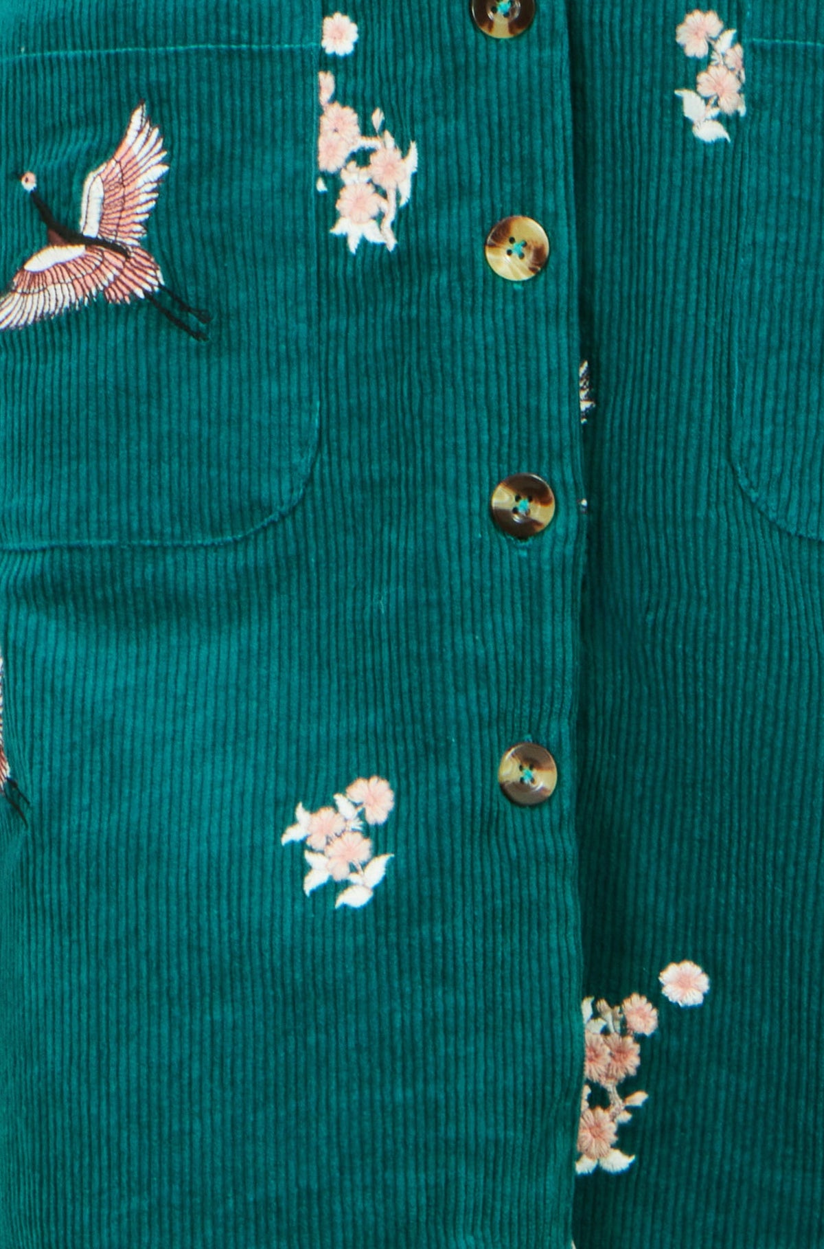 Yumi Women’s Teal Corduroy Pinafore Dress with Crane and Floral Embroidery