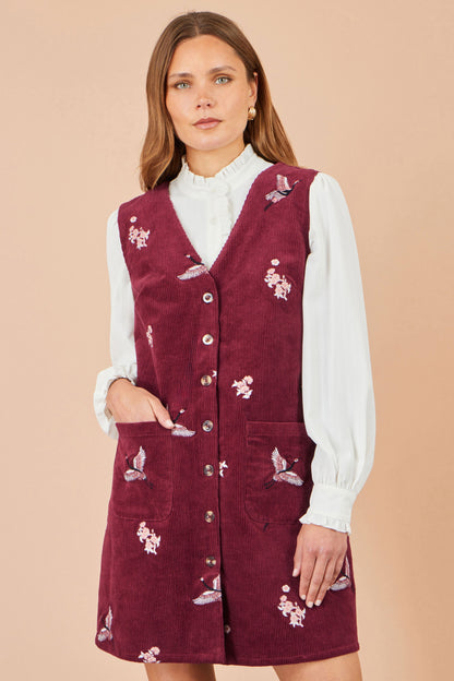Yumi Women's Burgundy Crane Embroidered Cotton Corduroy Pinafore Dress