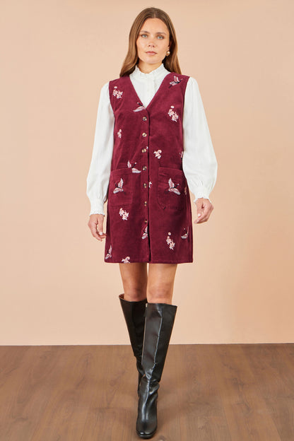 Yumi Women's Burgundy Crane Embroidered Cotton Corduroy Pinafore Dress