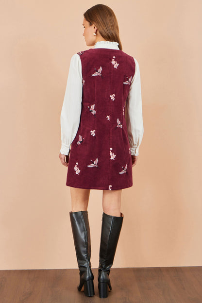 Yumi Women's Burgundy Crane Embroidered Cotton Corduroy Pinafore Dress