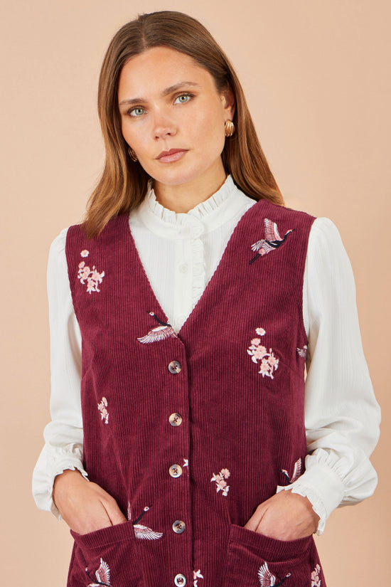 Yumi Women's Burgundy Crane Embroidered Cotton Corduroy Pinafore Dress