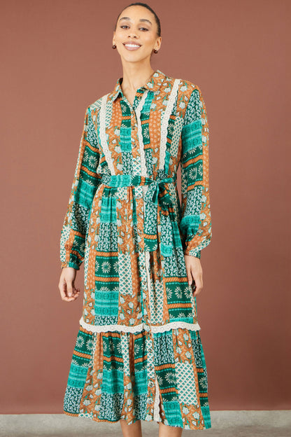 Yumi Women’s Multicolour Patchwork Viscose Midi Shirt Dress