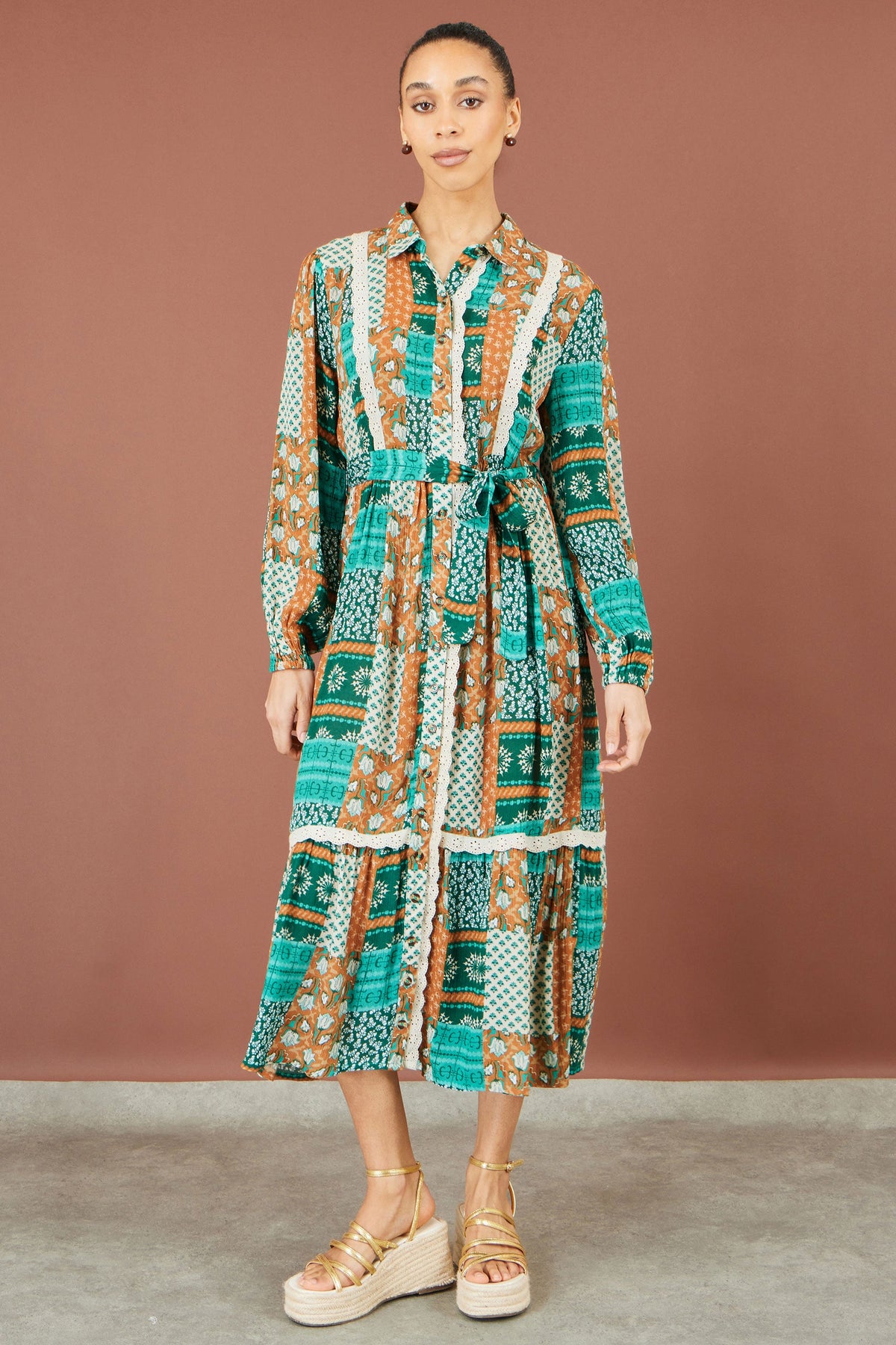 Yumi Women’s Multicolour Patchwork Viscose Midi Shirt Dress