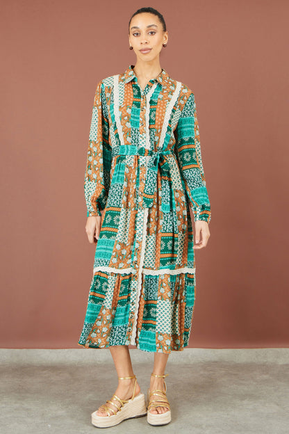 Yumi Women’s Multicolour Patchwork Viscose Midi Shirt Dress