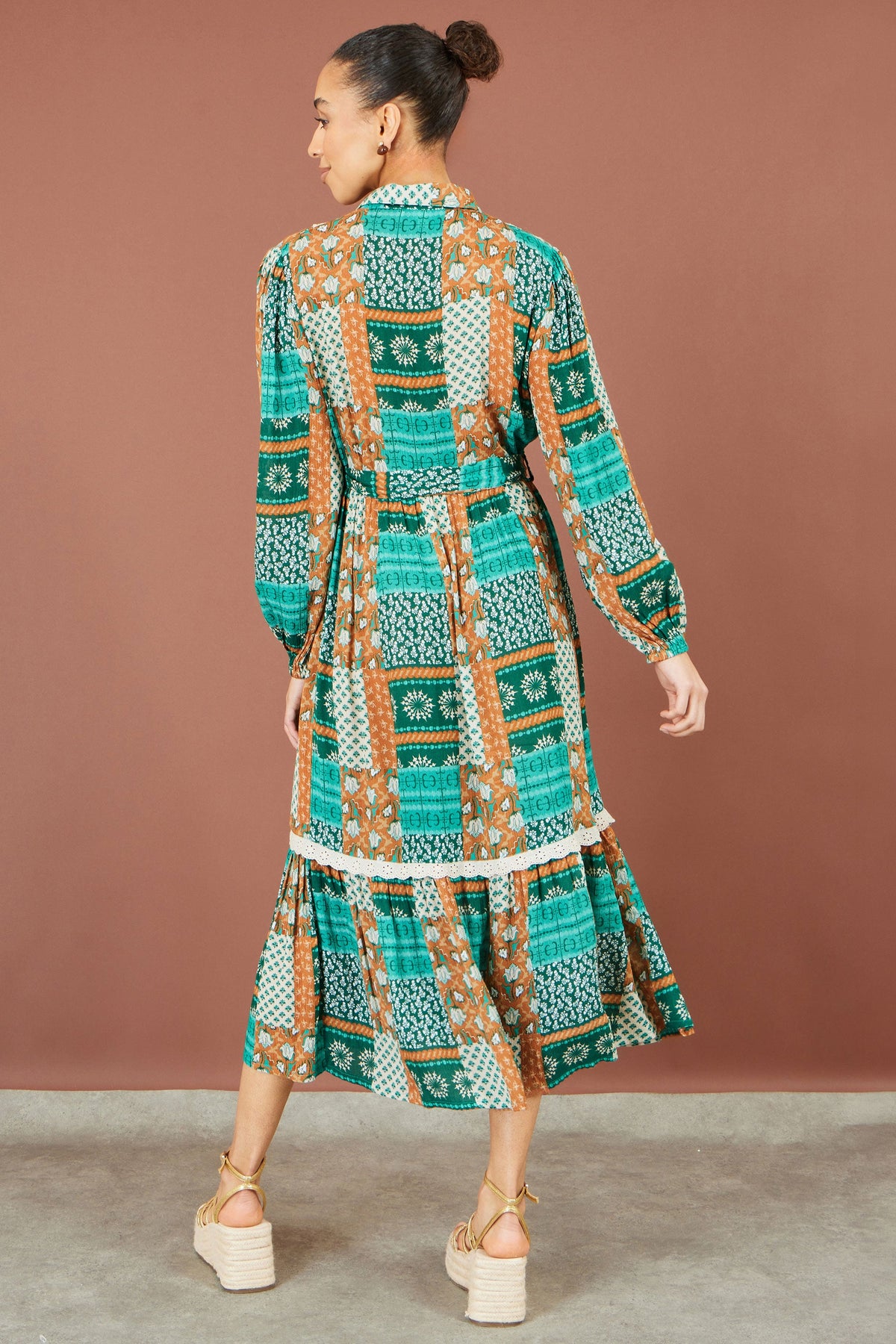 Yumi Women’s Multicolour Patchwork Viscose Midi Shirt Dress