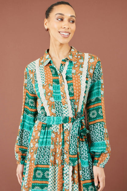 Yumi Women’s Multicolour Patchwork Viscose Midi Shirt Dress