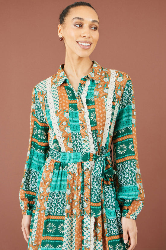 Yumi Women’s Multicolour Patchwork Viscose Midi Shirt Dress