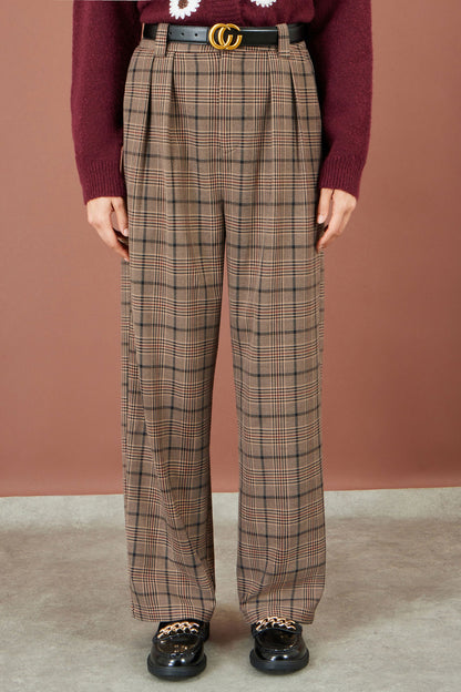 Yumi Brown Check High-Waisted Wide-Leg Trousers