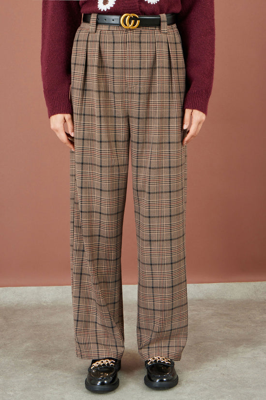 Yumi Brown Check High-Waisted Wide-Leg Trousers