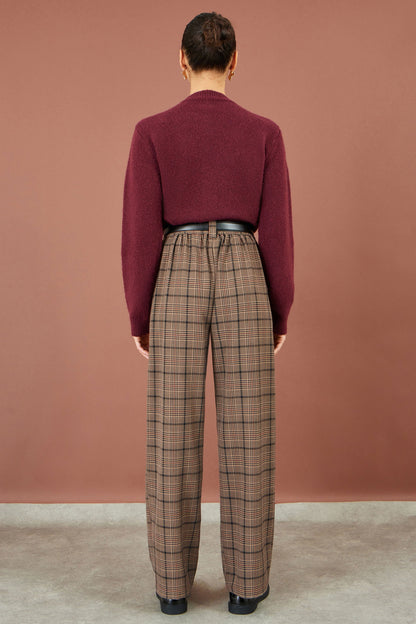 Yumi Brown Check High-Waisted Wide-Leg Trousers