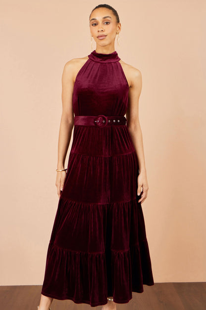 Yumi Women's Burgundy Velvet Halter Neck Tiered Maxi Dress with Waist Belt