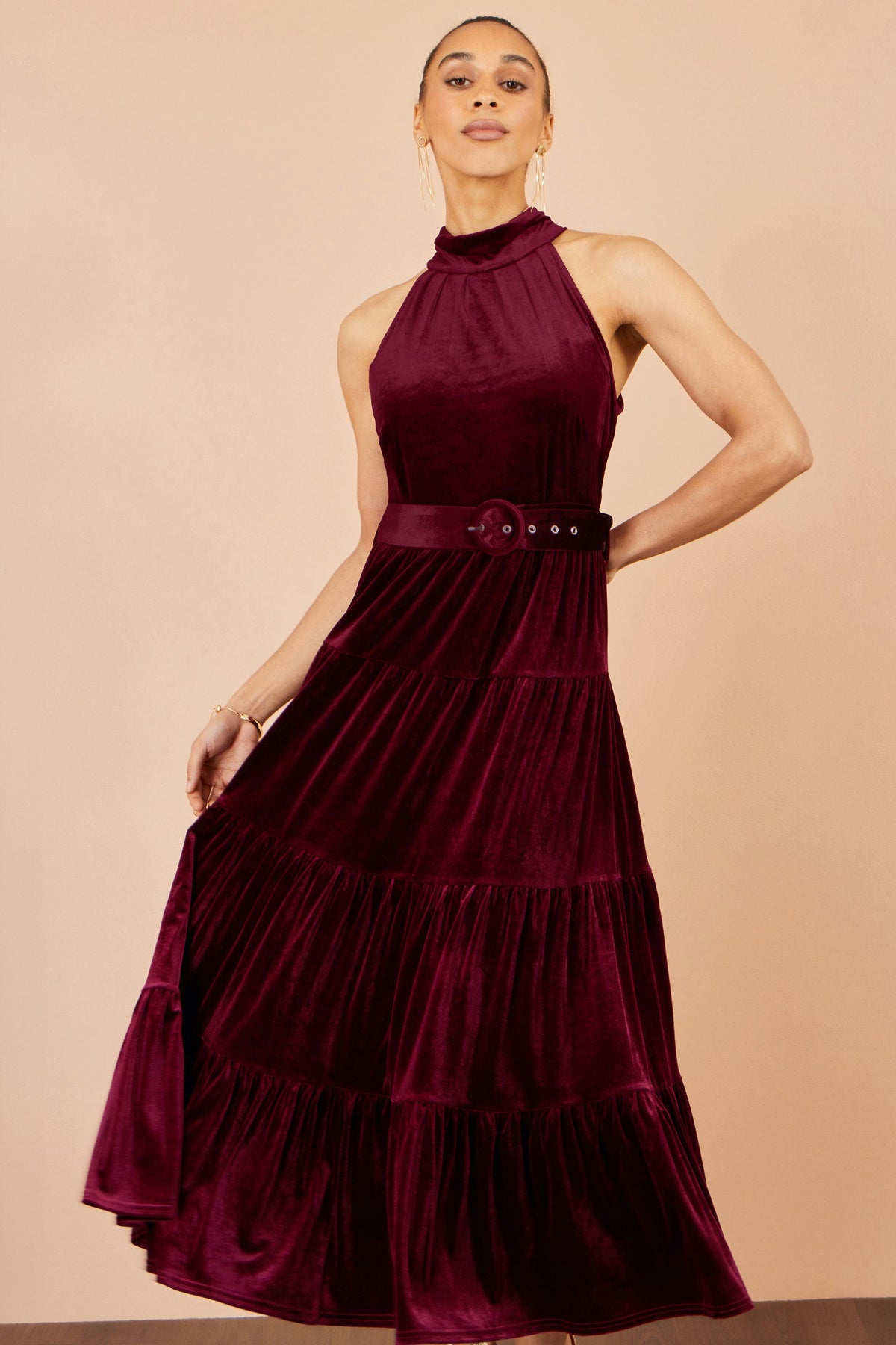 Yumi Women's Burgundy Velvet Halter Neck Tiered Maxi Dress with Waist Belt