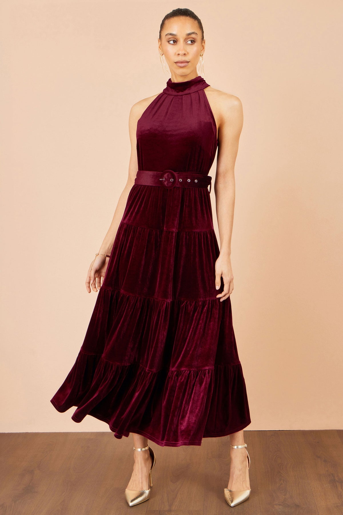 Yumi Women's Burgundy Velvet Halter Neck Tiered Maxi Dress with Waist Belt