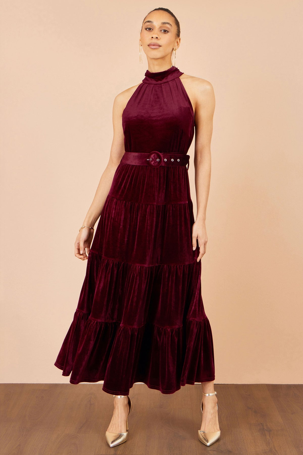 Yumi Women's Burgundy Velvet Halter Neck Tiered Maxi Dress with Waist Belt