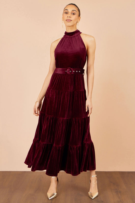 Yumi Women's Burgundy Velvet Halter Neck Tiered Maxi Dress with Waist Belt