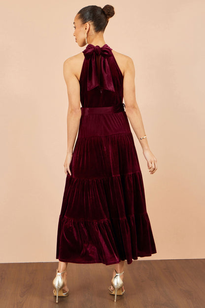 Yumi Women's Burgundy Velvet Halter Neck Tiered Maxi Dress with Waist Belt
