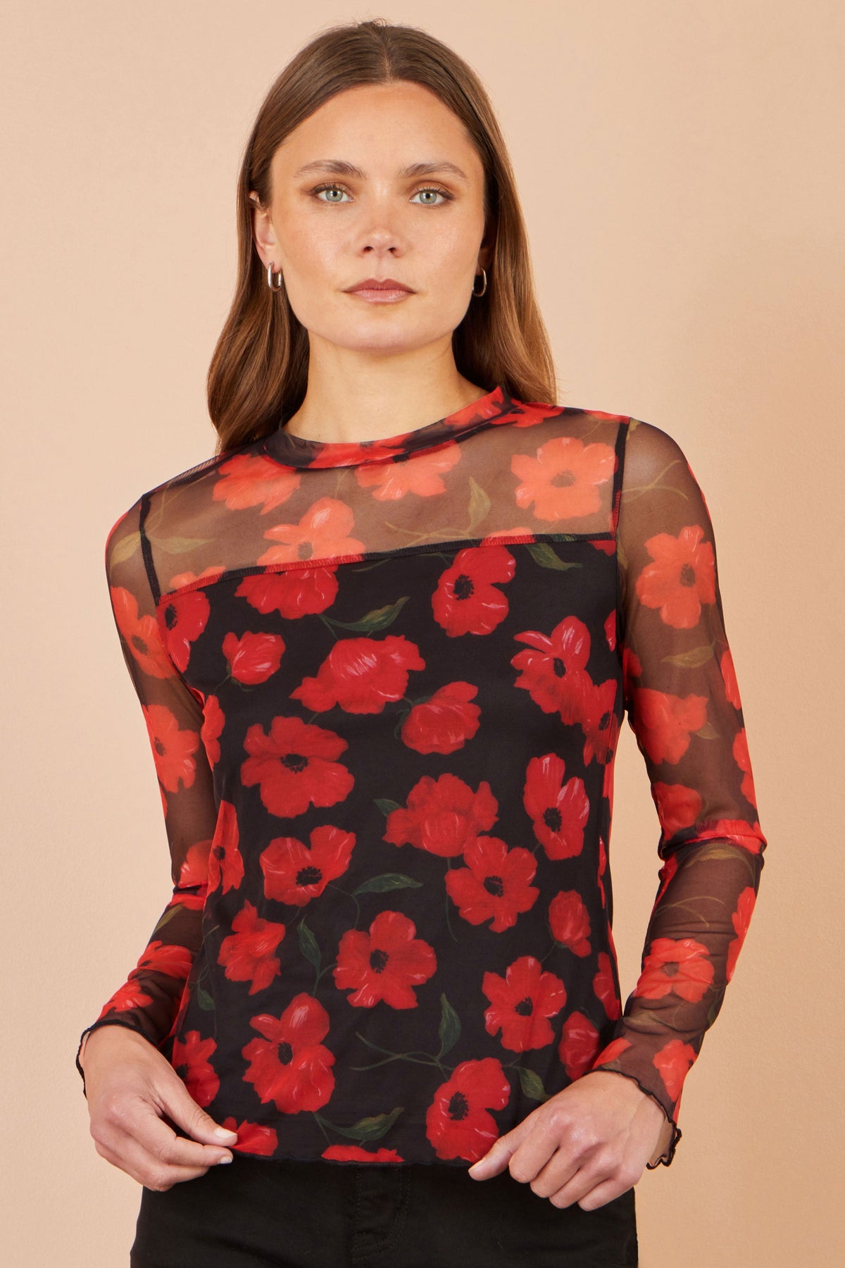 Yumi Women's Black Red Poppy Print Sheer Mesh High Neck Top