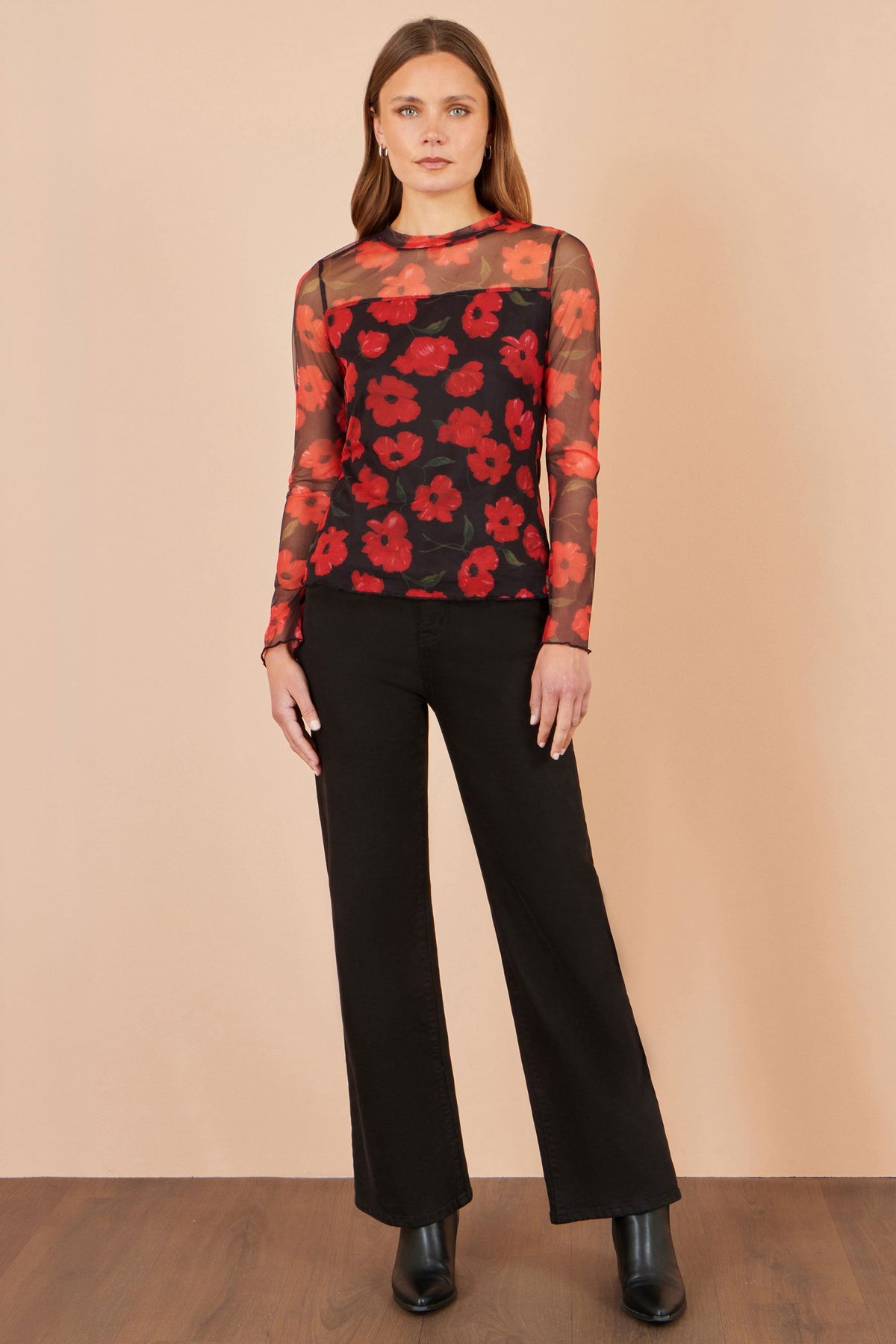 Yumi Women's Black Red Poppy Print Sheer Mesh High Neck Top