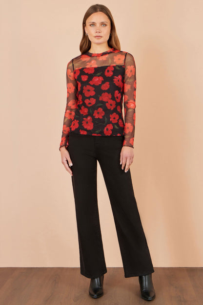 Yumi Women's Black Red Poppy Print Sheer Mesh High Neck Top