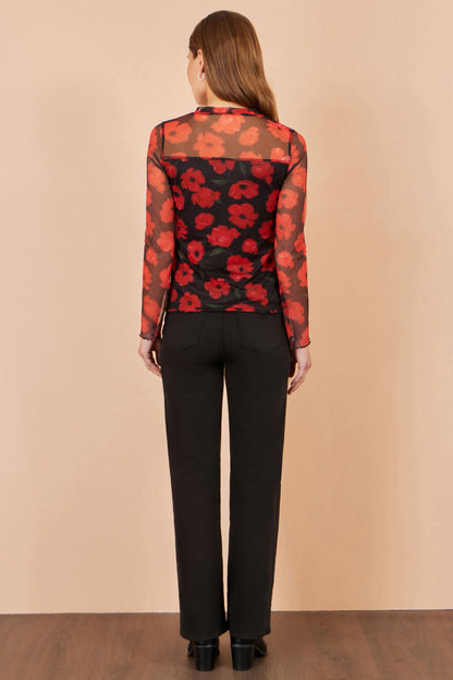 Yumi Women's Black Red Poppy Print Sheer Mesh High Neck Top