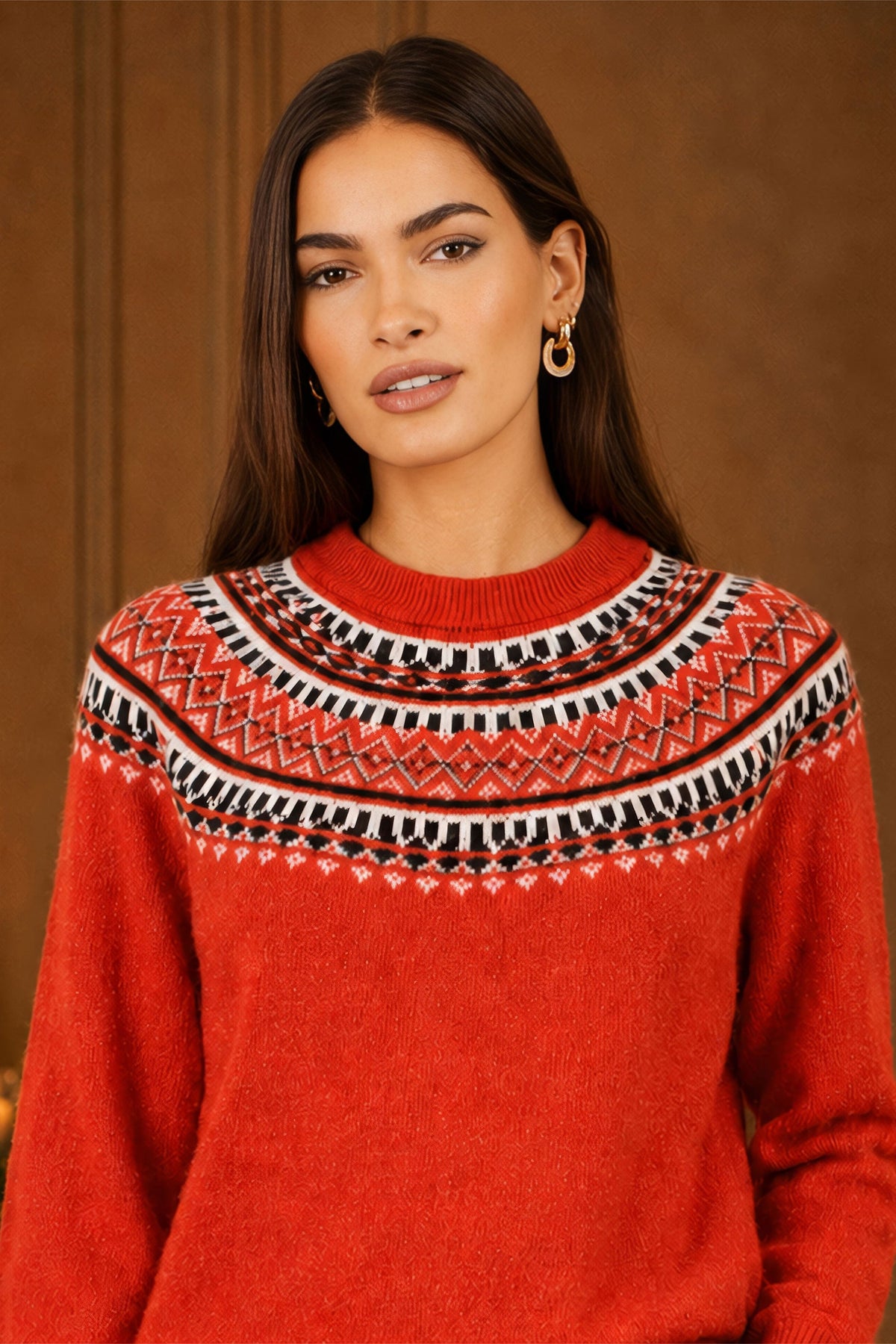 Yumi Women's Red Fairisle-Inspired Relaxed Fit Jumper with Ribbed Trims