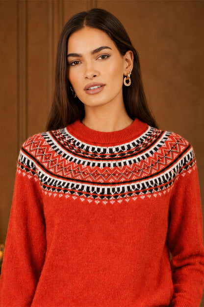 Yumi Women's Red Fairisle-Inspired Relaxed Fit Jumper with Ribbed Trims