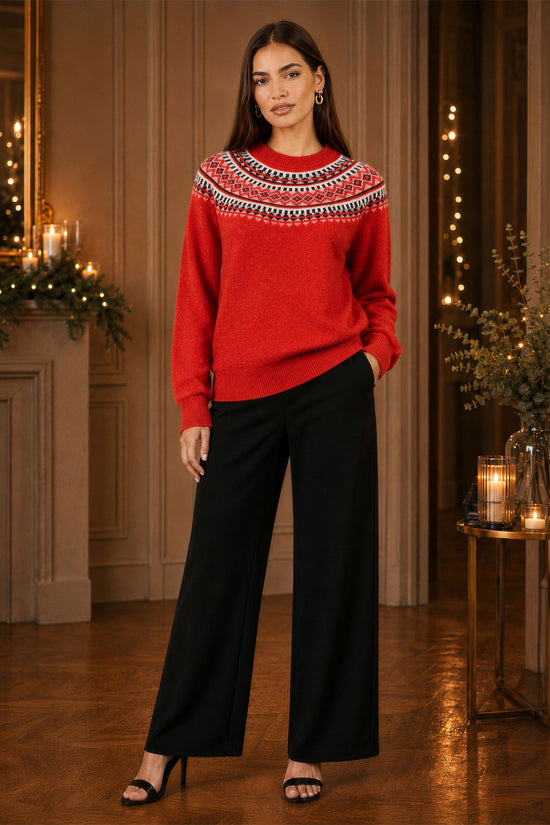 Yumi Women's Red Fairisle-Inspired Relaxed Fit Jumper with Ribbed Trims